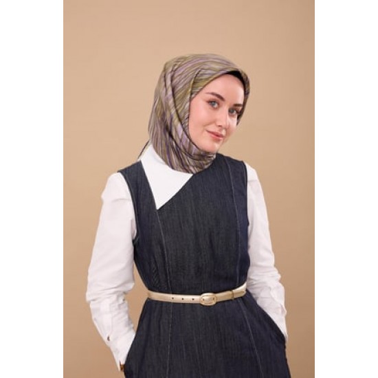 Twill İpek Eşarp Yağ Yeşili-Mor Tonlu Tok Duruşlu Kaymaz Kumaş 90x90