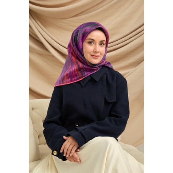 Twill İpek Eşarp Mor-Pembe Desenli Tok Duruşlu 90x90